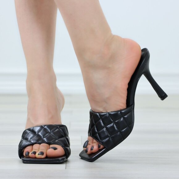 Square Open Toe High Heel Sandal Black Heeled Quilted Slip On Mule - Picture 3 of 13